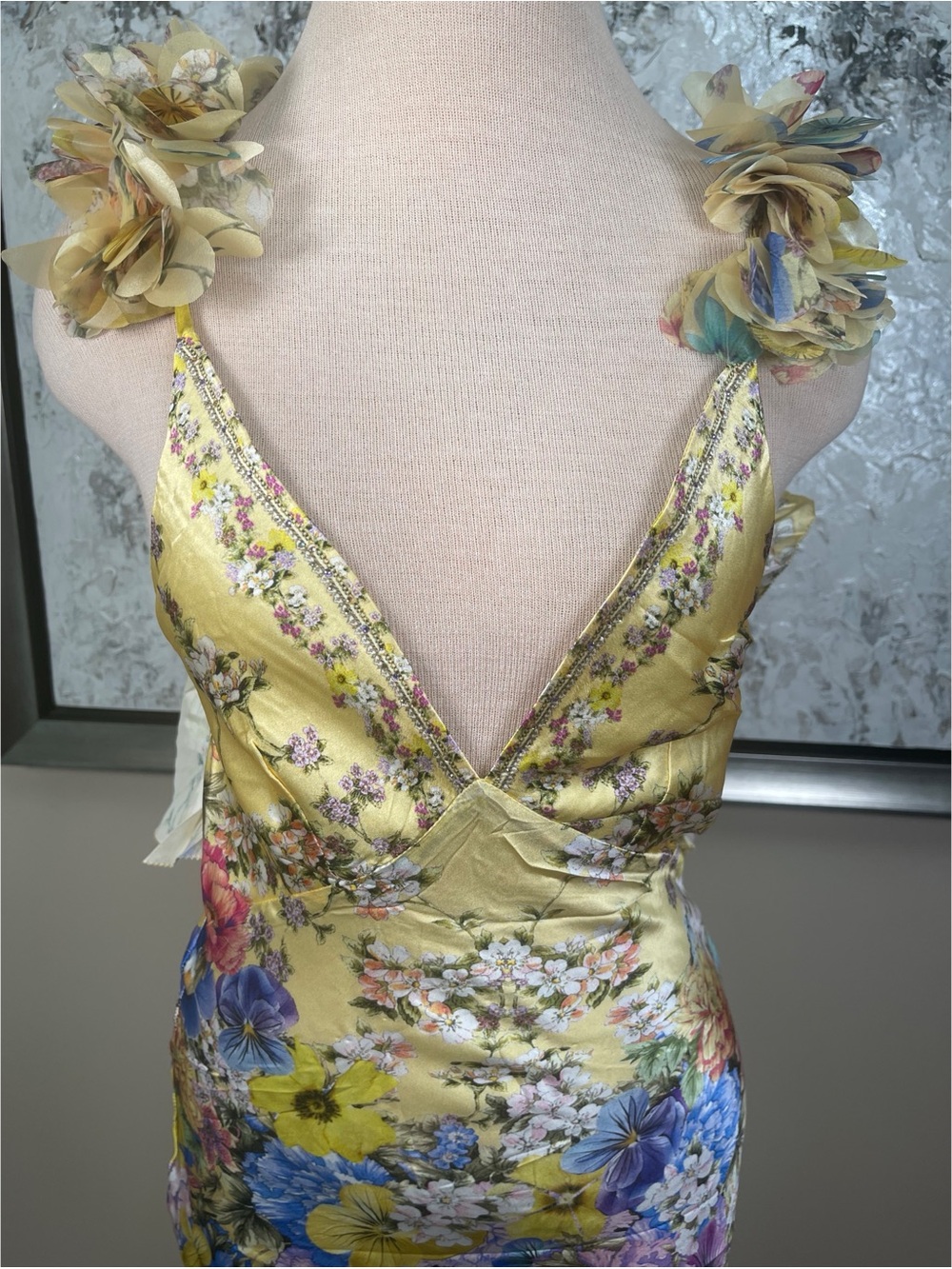 CAMILLA Bias Floral Frill Rosette Yellow Slip Dress Size Small - Picture 9 of 13